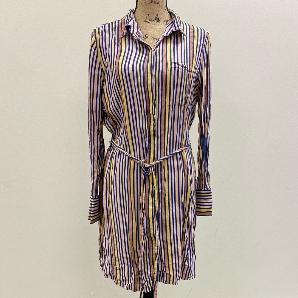Halogen pink and blue striped long sleeve tie waist shirt dress‎